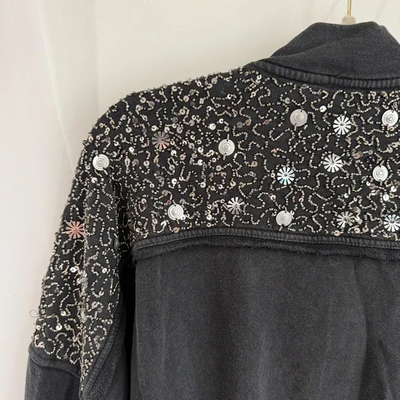 Free People Sparkle Front Zip Sweatshirt Jacket Black - Picture 9 of 9